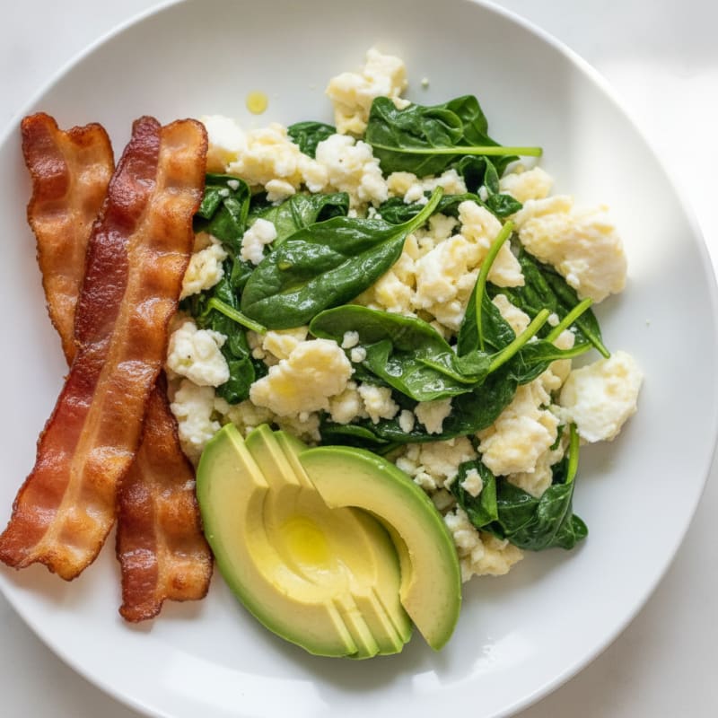 Crispy Turkey Bacon and Egg White Scramble with Sautéed Spinach