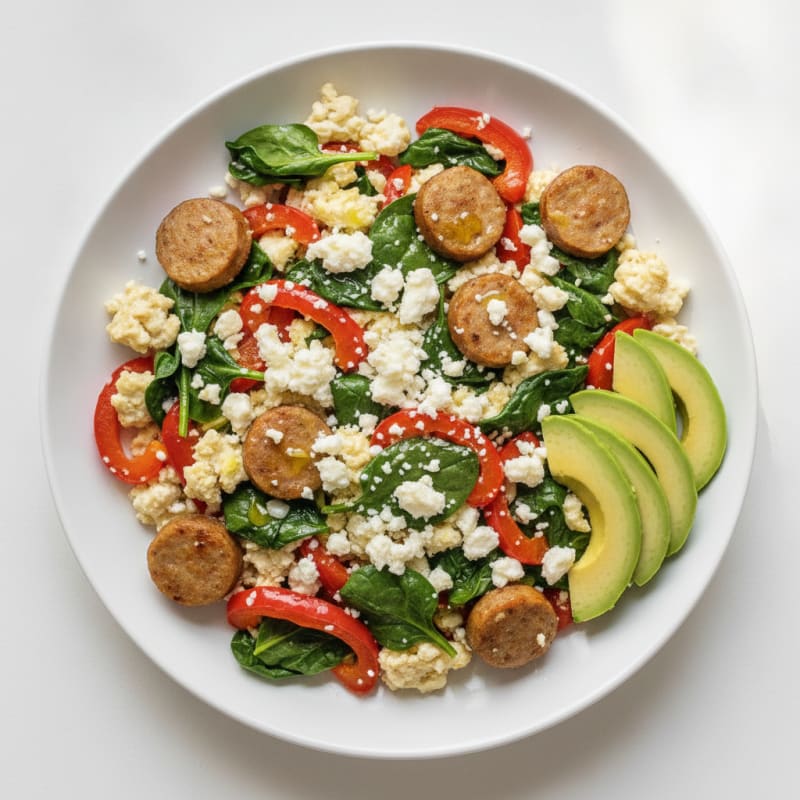 Egg White and Turkey Sausage Scramble with Spinach and Bell Peppers