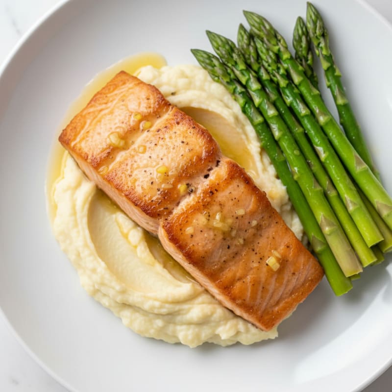 Seared Salmon with Steamed Asparagus and Garlic Cauliflower Mash