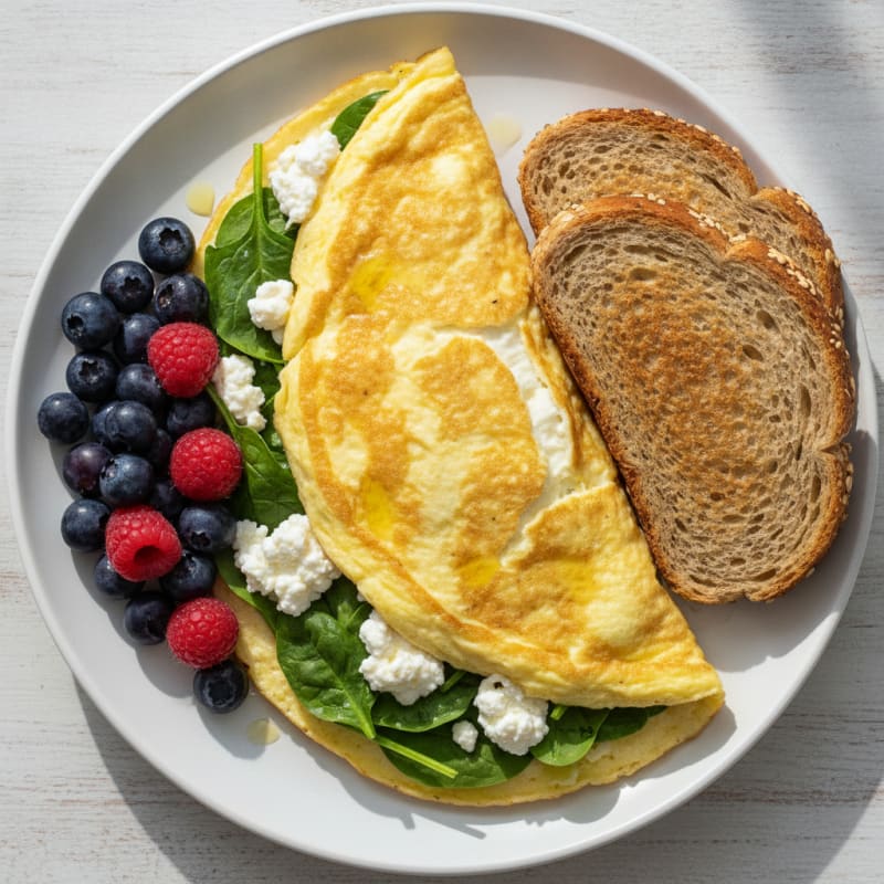 Egg White Spinach Omelette with Cottage Cheese and Berries