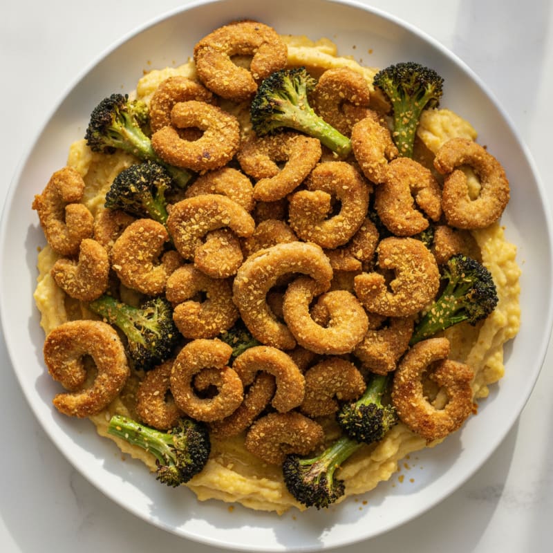 Seared Soy Curls with Roasted Broccoli and Chickpea Mash