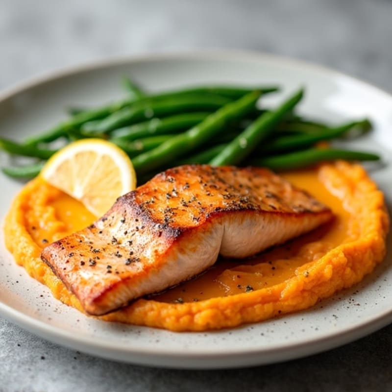 Seared Salmon with Steamed Green Beans and Sweet Potato Mash