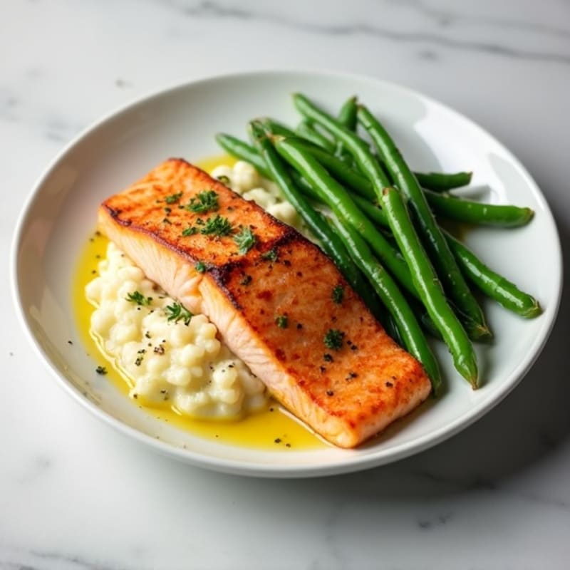 Seared Salmon with Steamed Green Beans and Cauliflower Mash