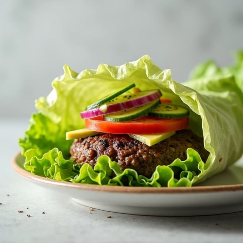 Lean Beef Burger with Crispy Lettuce Wrap and Fresh Veggies