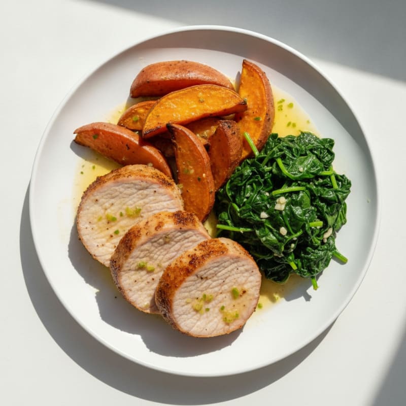 Seared Pork Loin with Roasted Sweet Potatoes and Garlic Sautéed Spinach