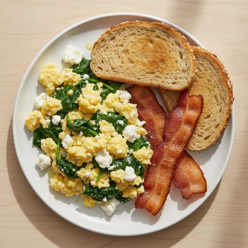 Cottage Cheese Egg Scramble with Spinach and Turkey Bacon