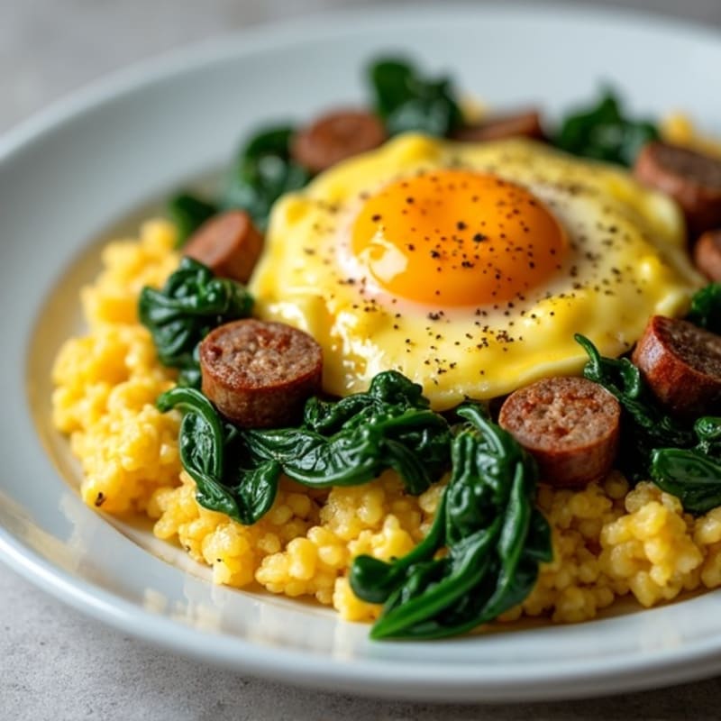 Scrambled Eggs with Turkey Sausage and Sautéed Spinach