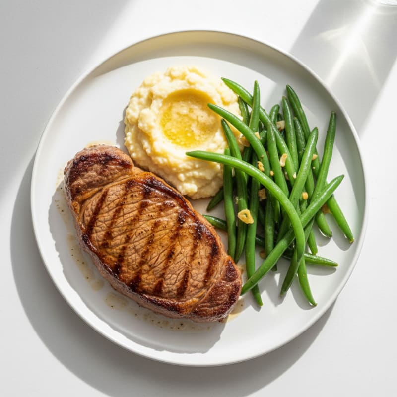 Seared Sirloin Steak with Steamed Green Beans and Cauliflower Mash