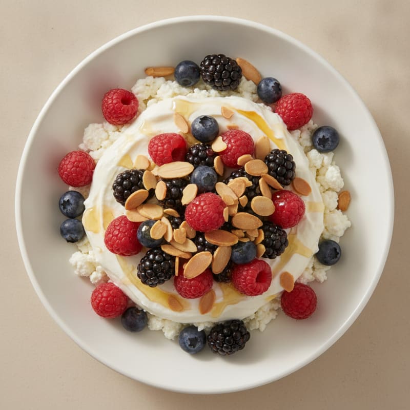 Cottage Cheese and Greek Yogurt Parfait with Mixed Berries and Almonds