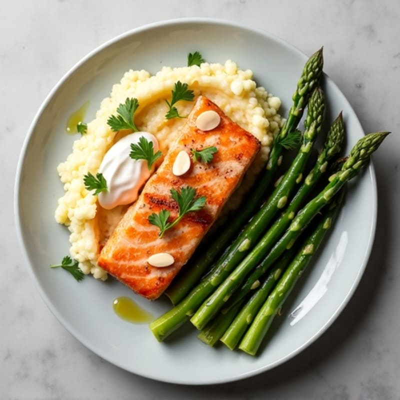 Seared Salmon with Steamed Asparagus and Garlic Mashed Cauliflower