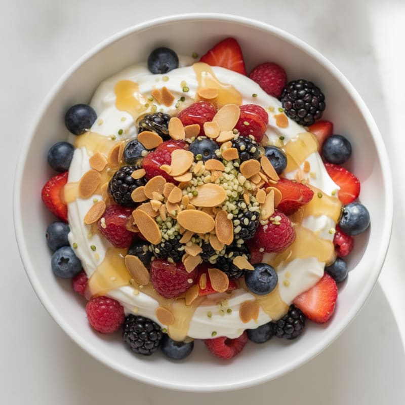Greek Yogurt Protein Parfait with Mixed Berries and Almonds