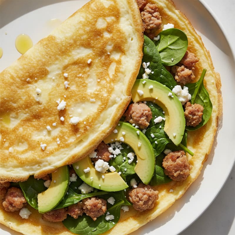 Crispy Egg White Omelet with Turkey Sausage and Spinach