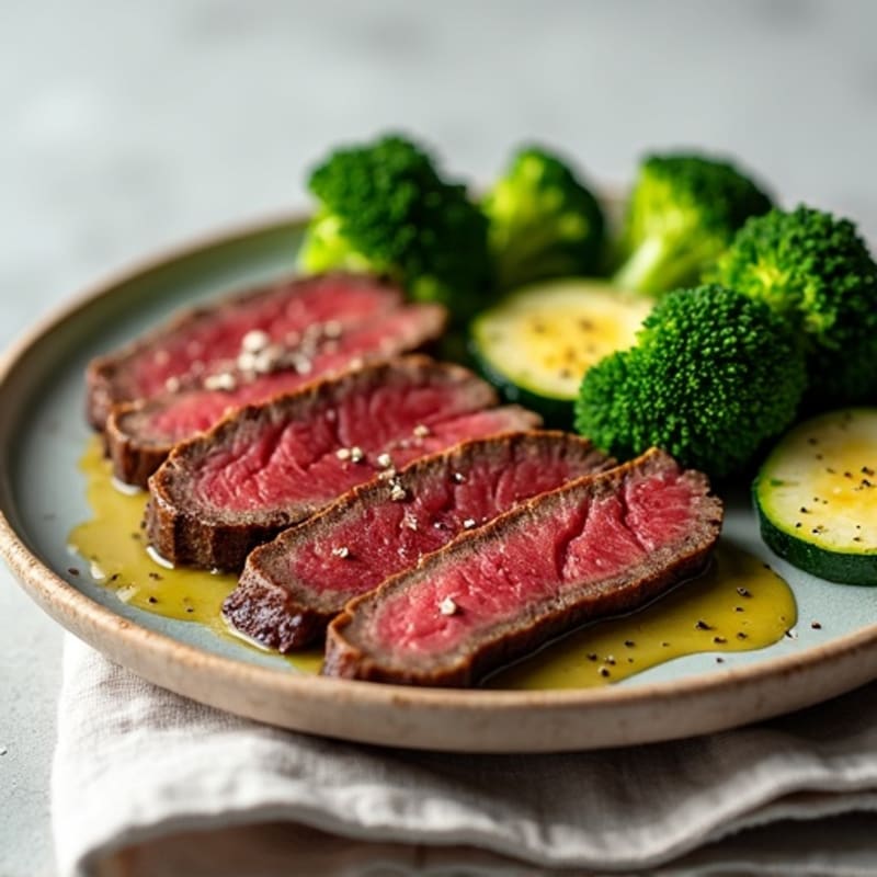 Seared Beef Strips with Roasted Broccoli and Zucchini
