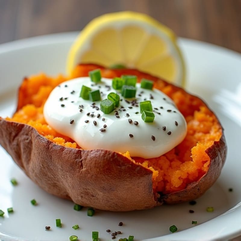 Crispy-Skin Sweet Potato with Greek Yogurt and Chives