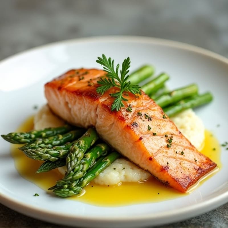 Seared Salmon with Steamed Asparagus and Cauliflower Mash