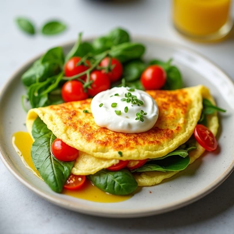 Egg White Spinach Omelette with Cottage Cheese, Cherry Tomatoes, and Avocado Side Salad