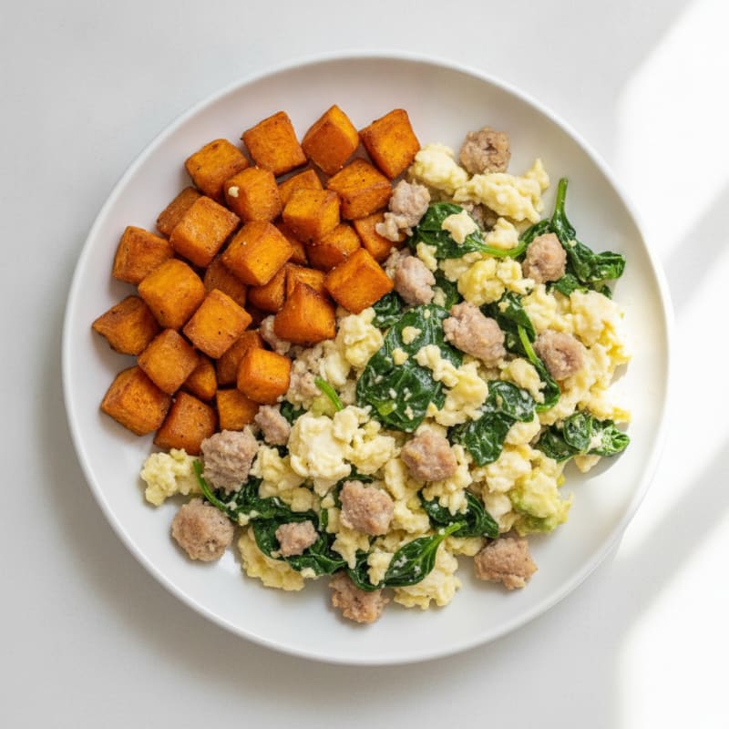 Egg White and Turkey Sausage Scramble with Spinach and Roasted Sweet Potatoes