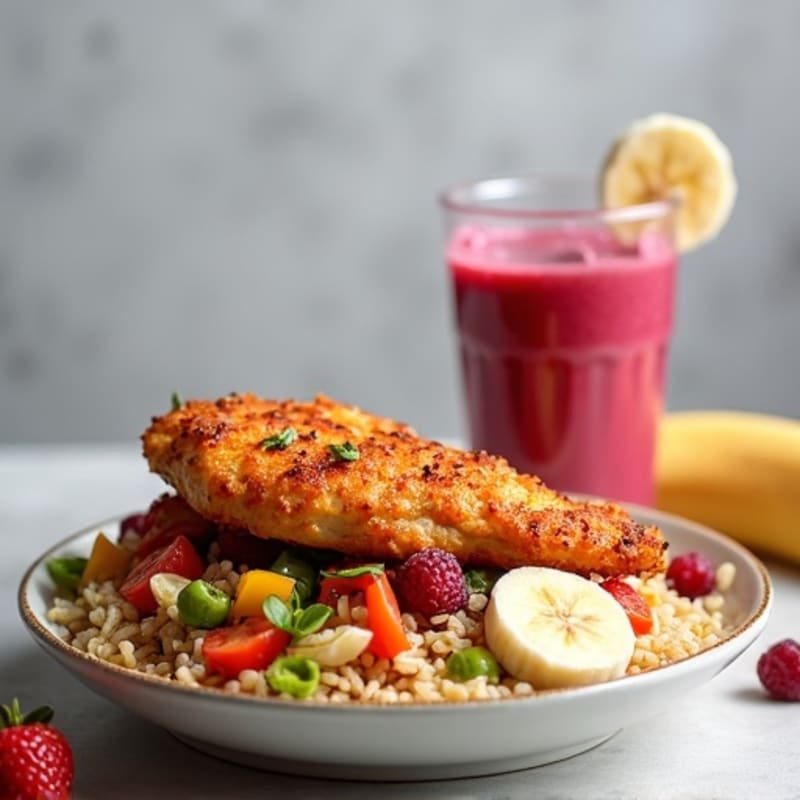 Crispy Asian-Spiced Chicken Rice Bowl with Berry-Banana Smoothie