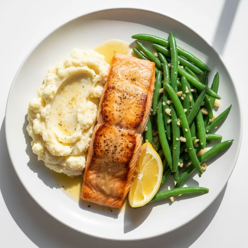 Seared Salmon with Garlic Green Beans and Mashed Cauliflower