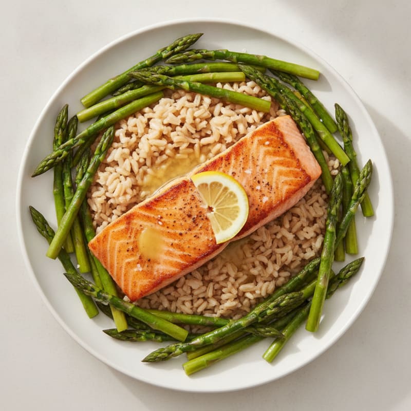Seared Salmon with Steamed Asparagus and Brown Rice