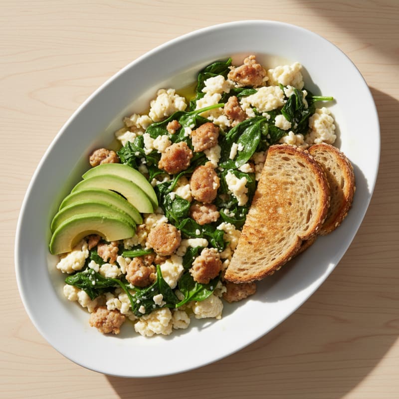 Egg White and Turkey Sausage Scramble with Sautéed Spinach