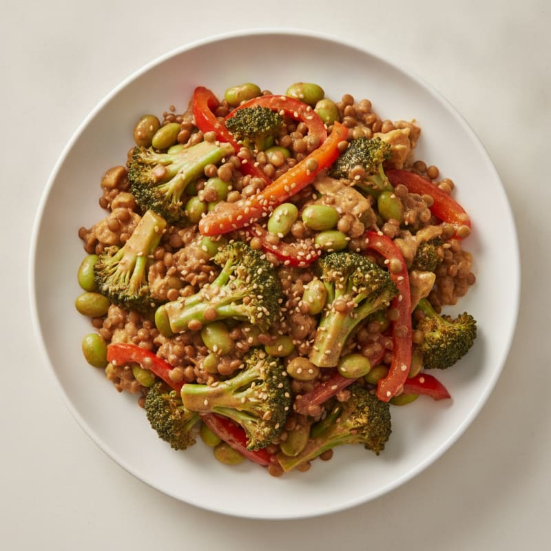 Lentil and Vegetable Stir-Fry with Edamame and Cashew Sauce