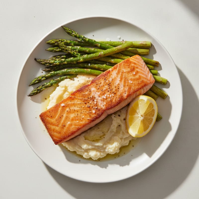 Seared Salmon with Roasted Asparagus and Cauliflower Mash