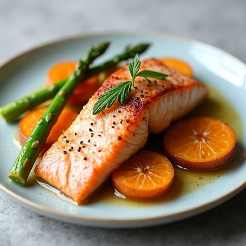 Seared Salmon with Roasted Sweet Potato and Asparagus