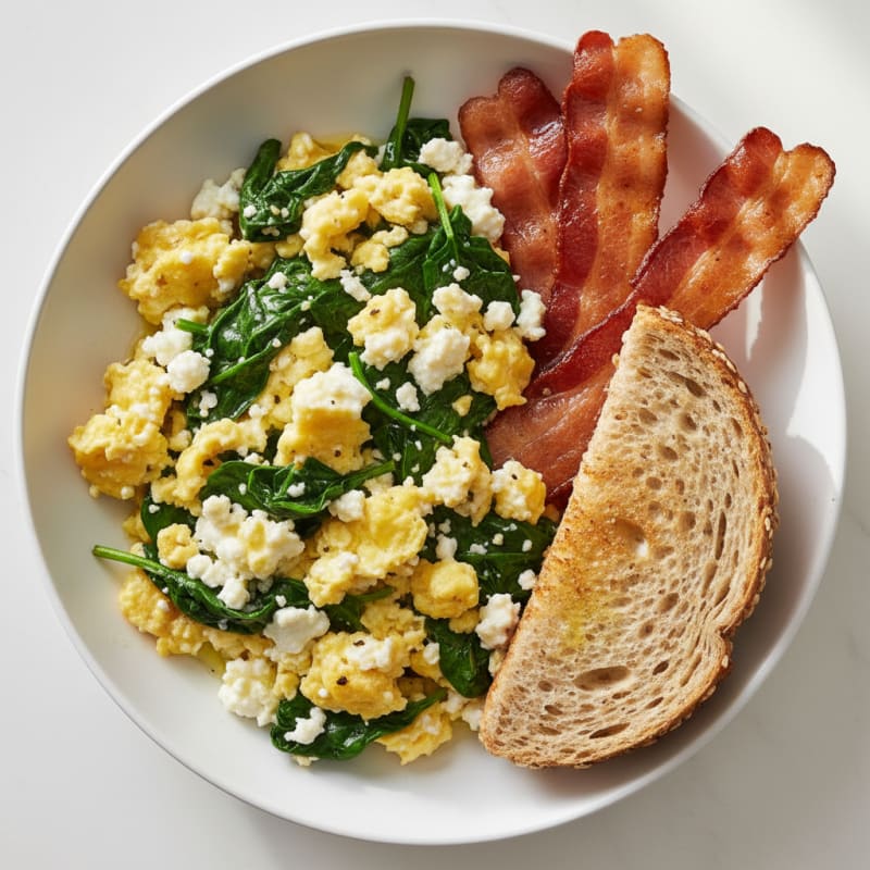 Cottage Cheese Egg Scramble with Spinach and Turkey Bacon