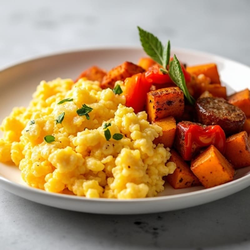 Crispy Sweet Potato and Turkey Sausage Hash with Fluffy Scrambled Eggs