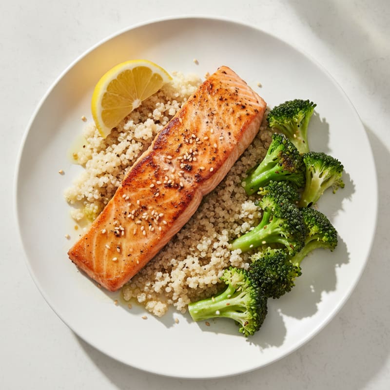 Seared Salmon Filet with Steamed Broccoli and Quinoa