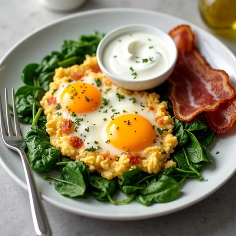 Egg and Spinach Scramble with Crispy Bacon and Greek Yogurt