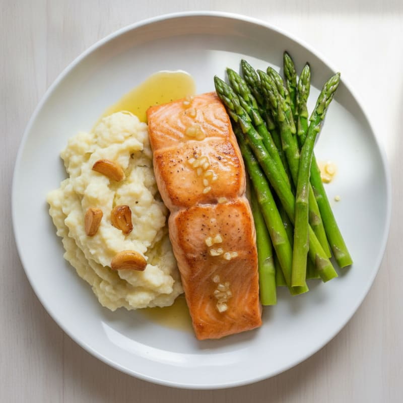Seared Salmon with Steamed Asparagus and Garlic Cauliflower Mash