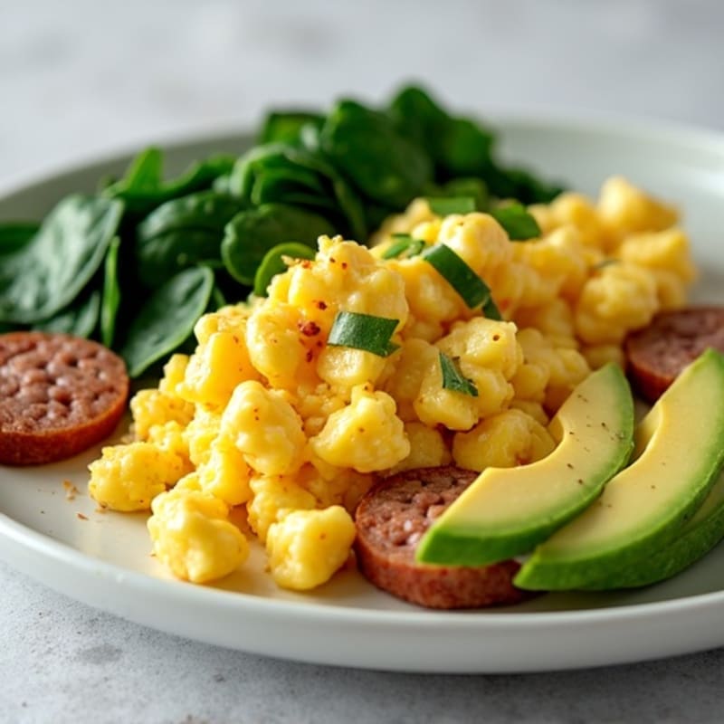 Scrambled Egg Whites with Chicken Sausage and Sautéed Spinach