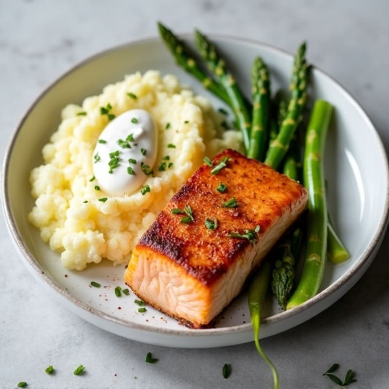 Seared Salmon with Steamed Asparagus and Garlic Mashed Cauliflower