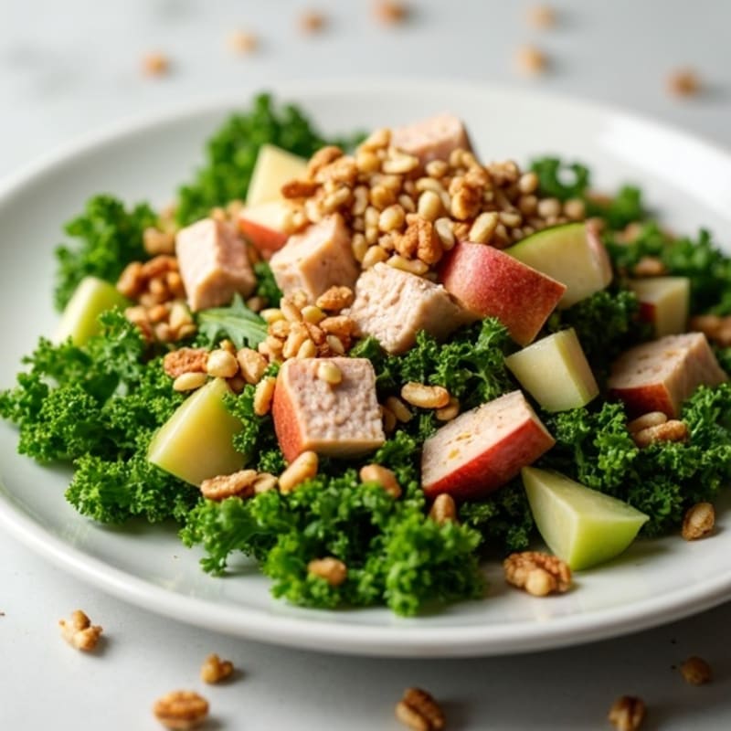 Flaked Tuna and Fresh Kale Salad with Crunchy Apple, Celery, Walnuts, and Pecans
