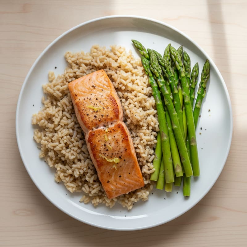 Seared Salmon with Steamed Asparagus and Brown Rice