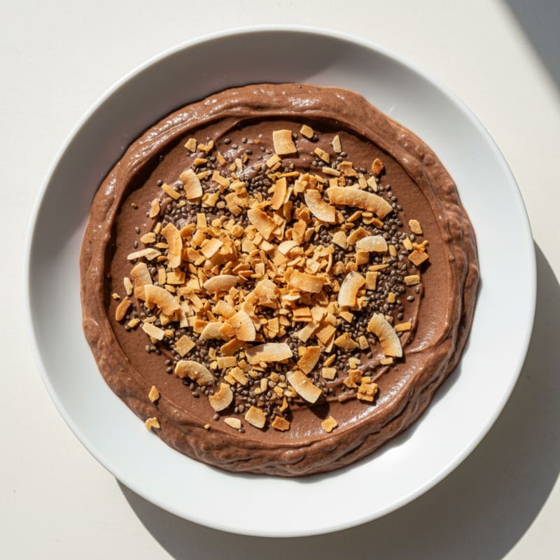 Creamy Protein Chocolate Pudding with Chia and Toasted Coconut