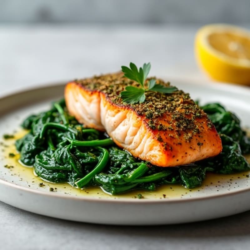 Herb-Crusted Pan Seared Salmon with Garlic Spinach