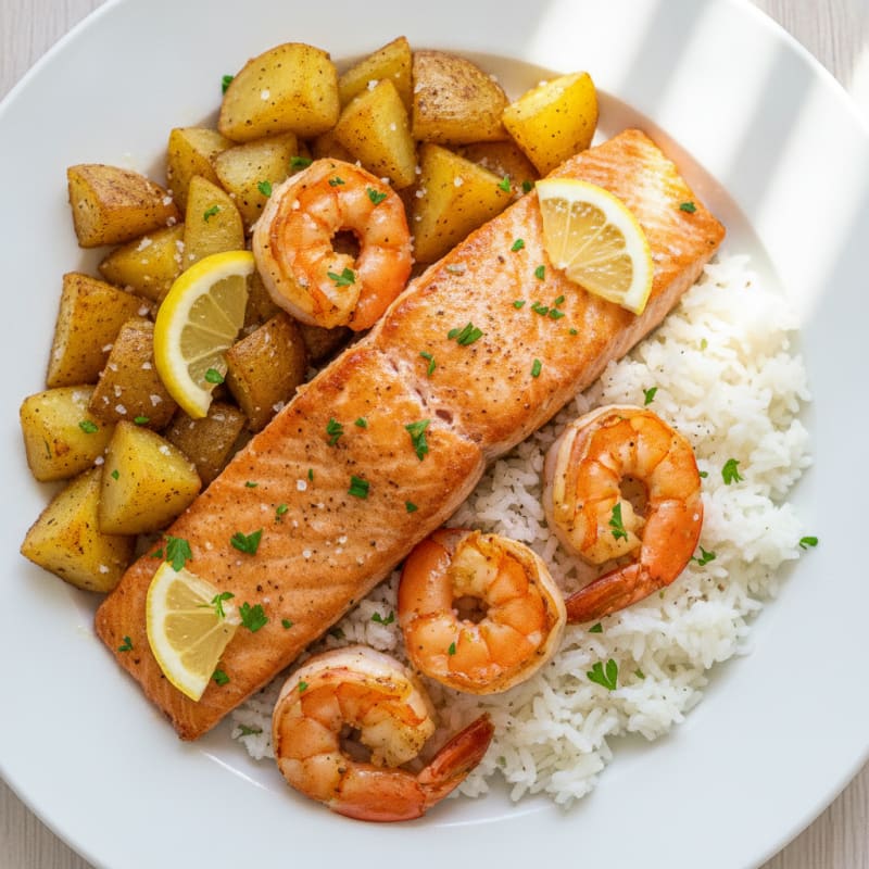 Pan-Seared Salmon and Shrimp with Roasted Potatoes