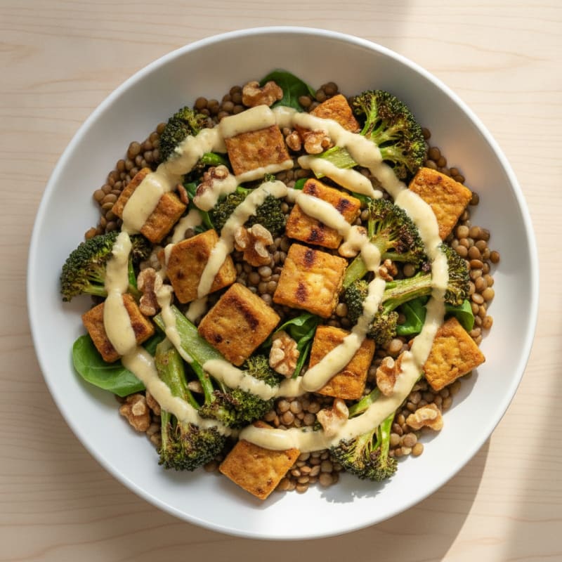Lentil Walnut Protein Bowl with Roasted Broccoli and Tahini Drizzle