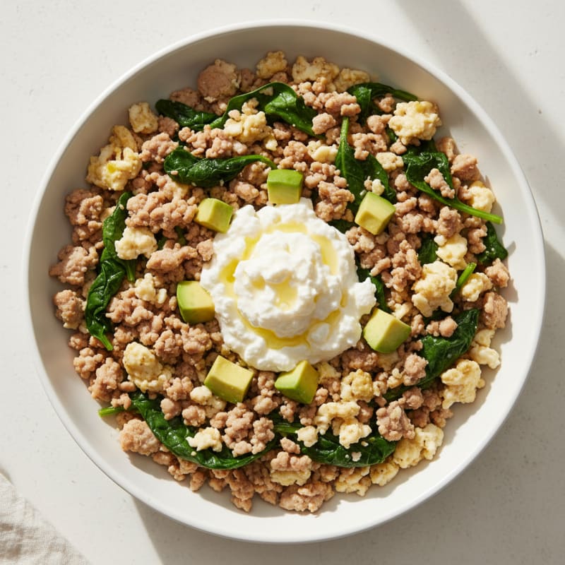 Egg White and Turkey Spinach Scramble with Cottage Cheese
