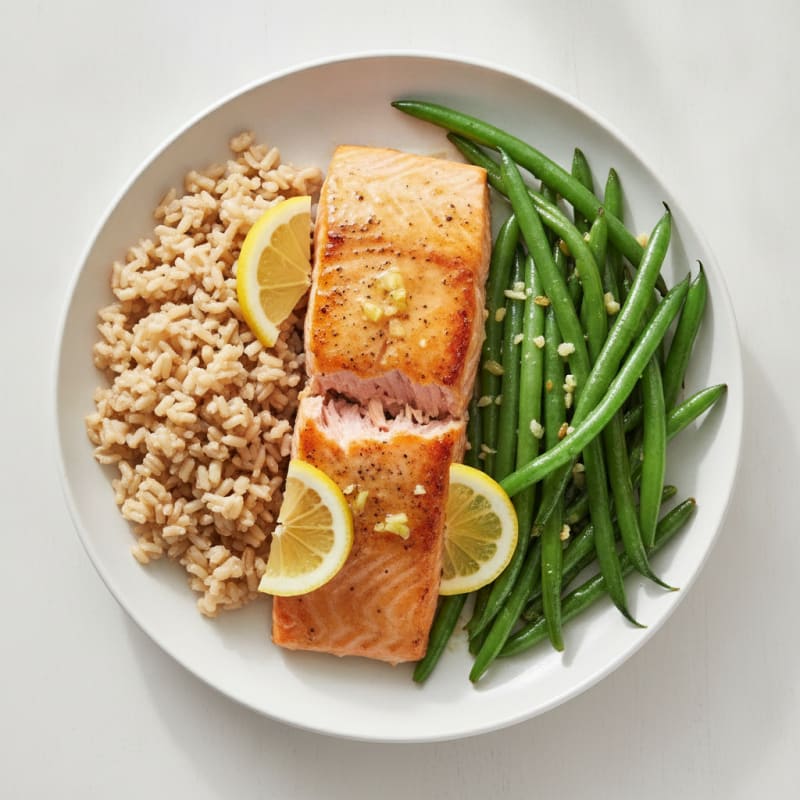 Seared Salmon with Garlic Green Beans and Brown Rice