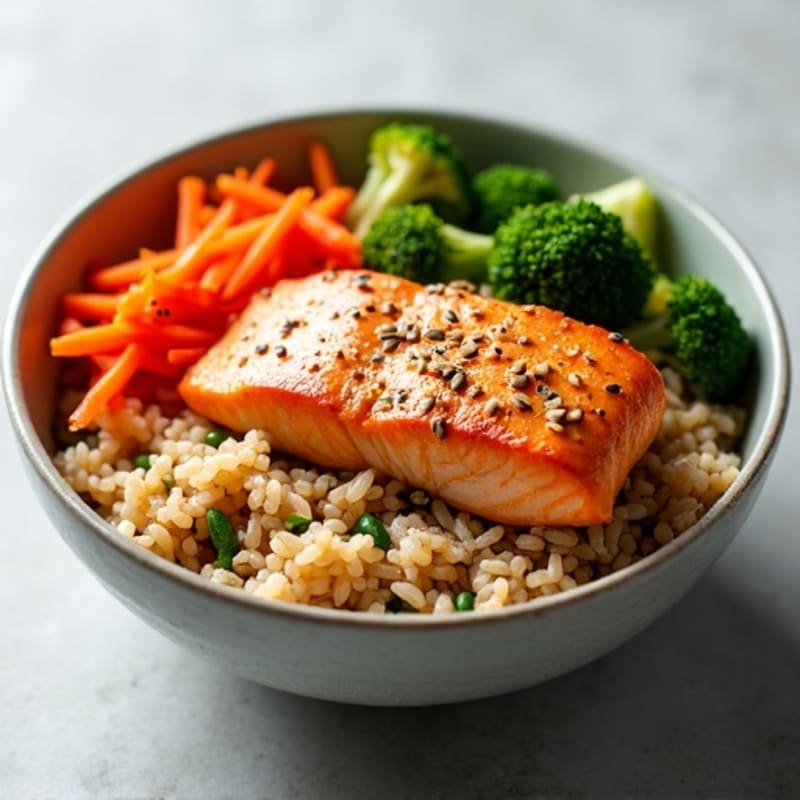Sesame-Ginger Salmon Brown Rice Bowl with Fresh Crispy Vegetables