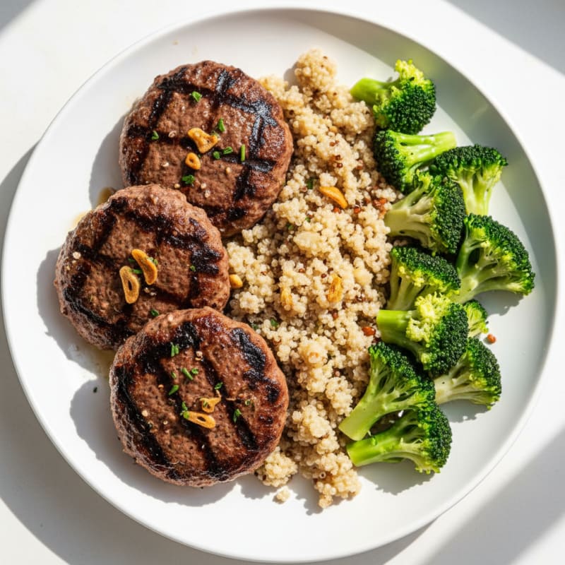 Grilled Lean Beef Patties with Steamed Broccoli and Quinoa