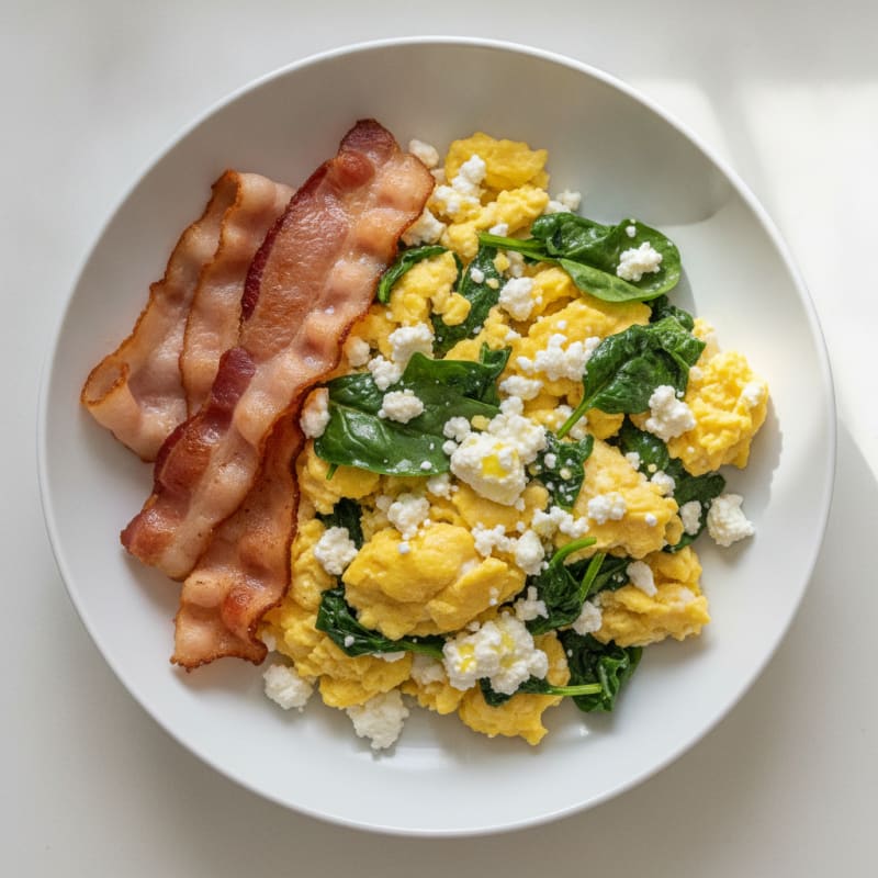 Cottage Cheese Egg Scramble with Spinach and Turkey Bacon