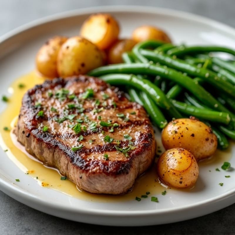 Pan-Seared Garlic Butter Steak with Crispy Roasted Potatoes and Green Beans