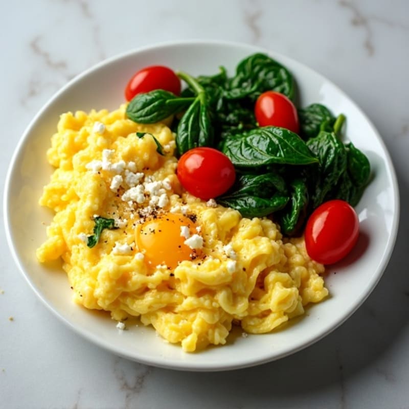 Fluffy Scrambled Eggs with Sautéed Spinach and Cherry Tomatoes