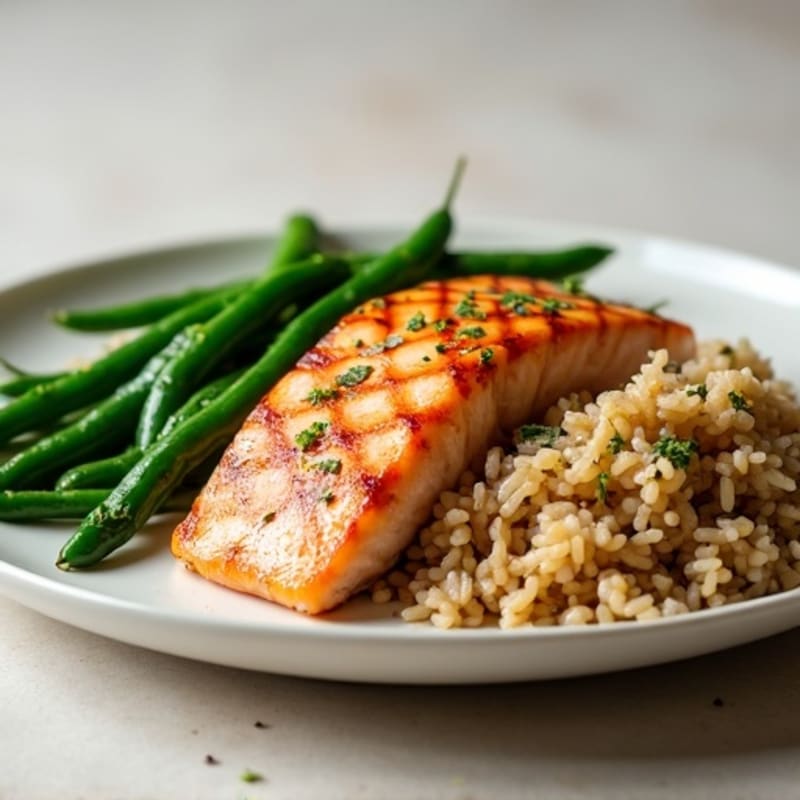 Seared Salmon with Garlic Green Beans and Brown Rice