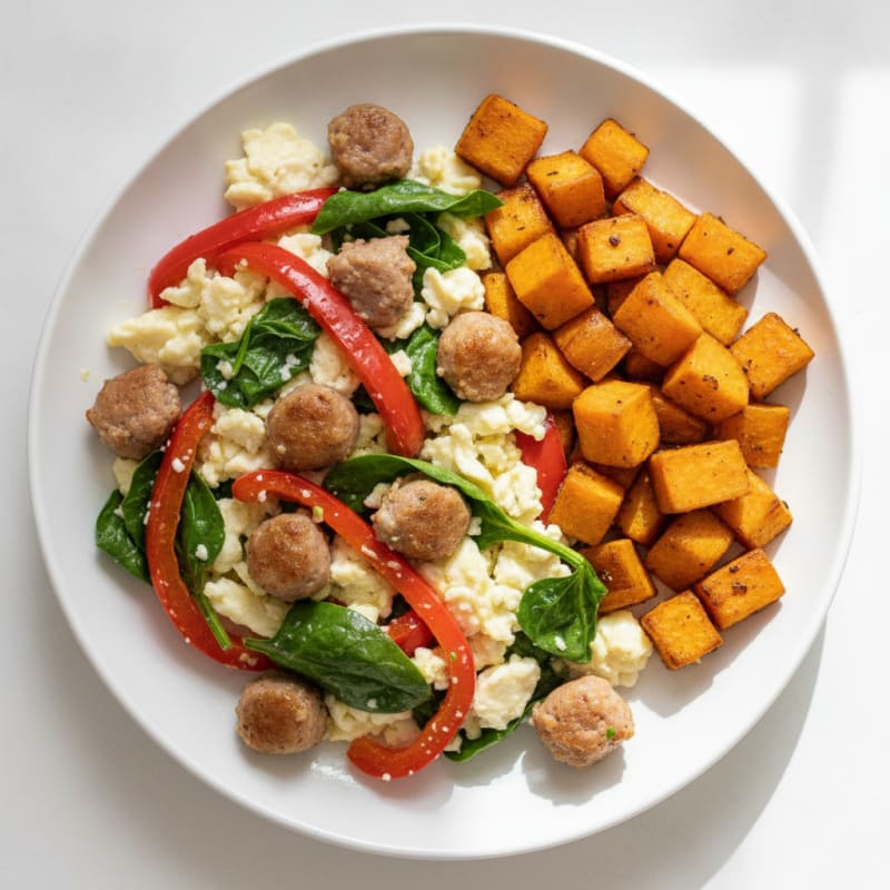 Egg White and Turkey Sausage Scramble with Roasted Sweet Potatoes